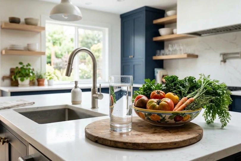 Clean drinking glass of water in modern kitchen — cleaner tasting water at every tap