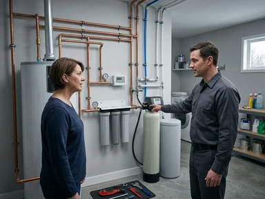 Installer and homeowner inspecting a durable whole-home water system